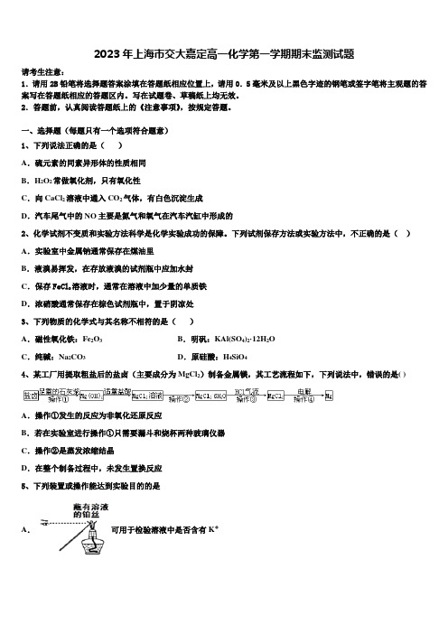 2023年上海市交大嘉定高一化学第一学期期末监测试题含解析