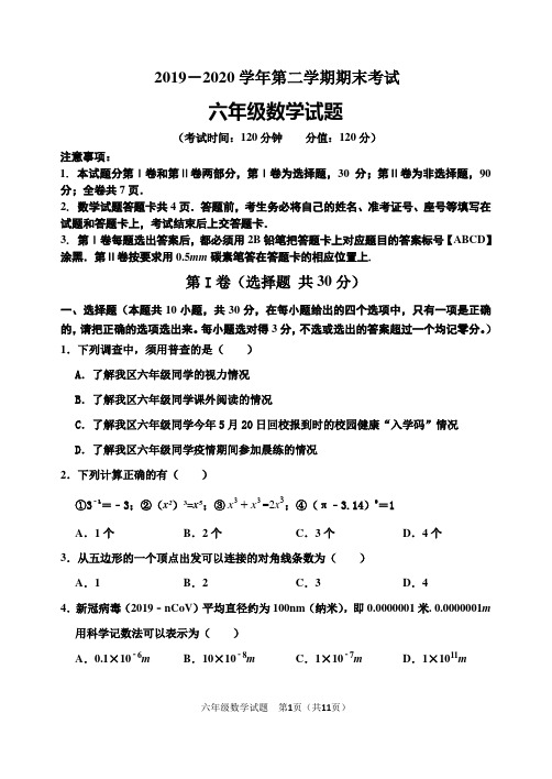 2019-2020学年第二学期六年级数学期末试题(含答案)