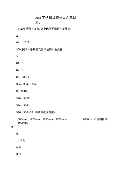 304不锈钢规格表