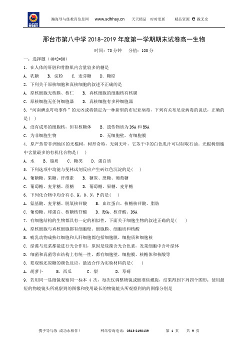 河北省邢台市第八中学2018-2019学年高一上学期期末考试生物试题
