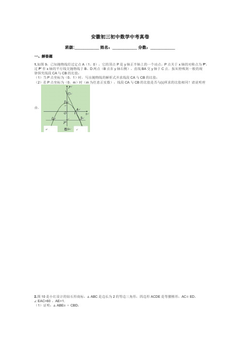 安徽初三初中数学中考真卷带答案解析
