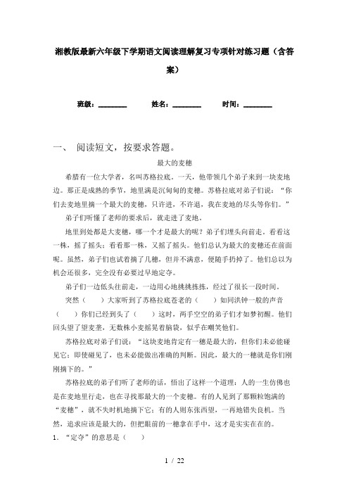 湘教版最新六年级下学期语文阅读理解复习专项针对练习题(含答案)