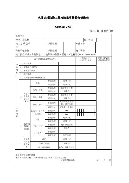 水性涂料涂饰工程检验批质量验收记录表