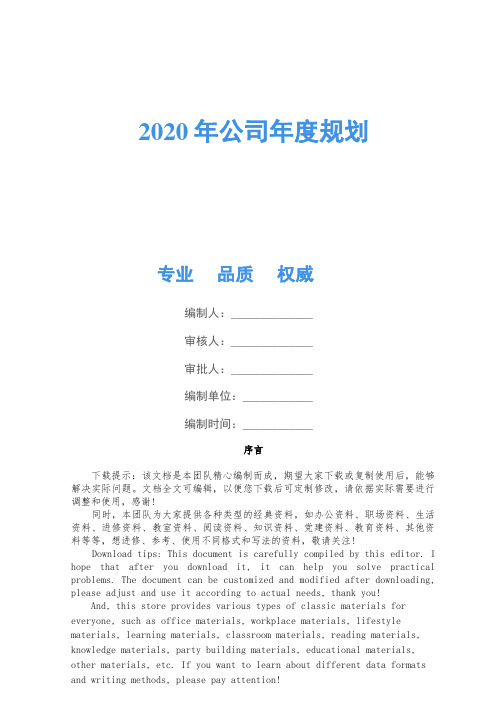 2020年公司年度计划