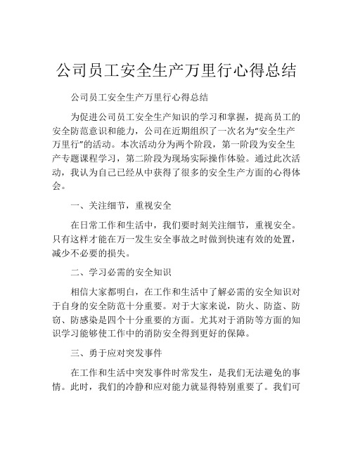 公司员工安全生产万里行心得总结