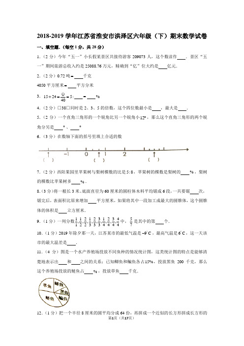 (苏教新版)2018-2019学年江苏省淮安市洪泽区六年级(下)期末数学试卷