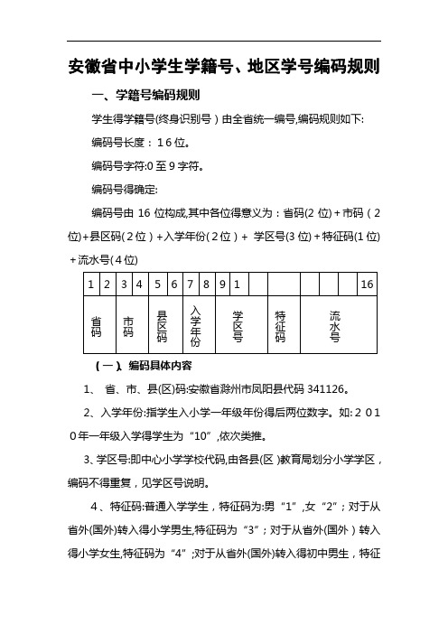 安徽省中小学生学籍号、地区学号编码规则