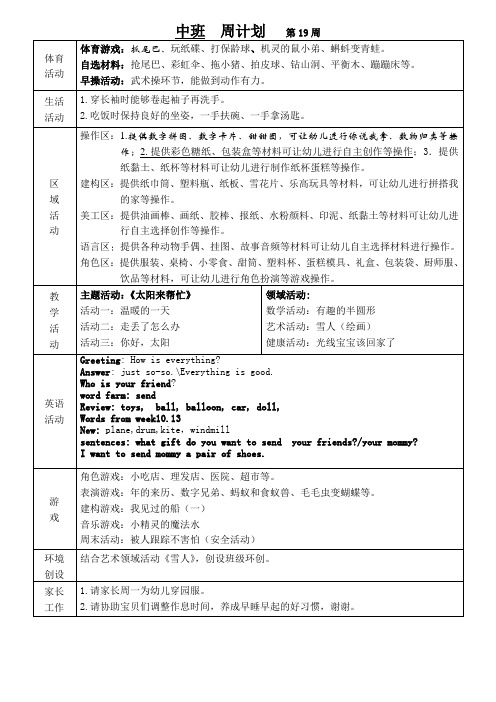 幼儿园班级周计划第19周