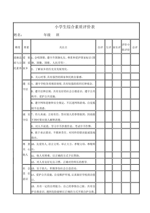 小学生综合素质评价表