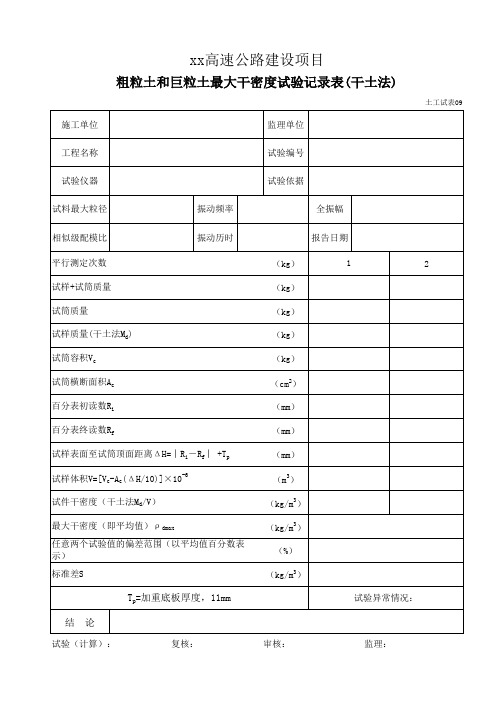 粗粒土和巨粒土最大干密度试验记录表09