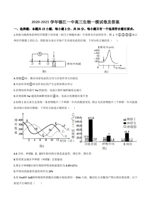 2020-2021学年镇江一中高三生物一模试卷及答案