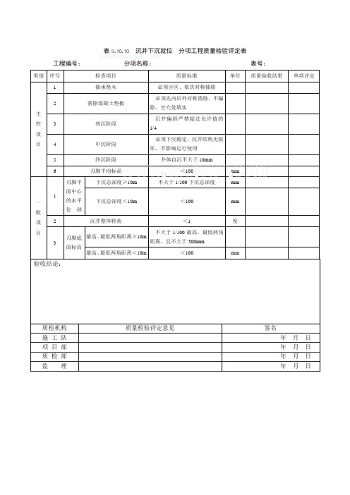 表9.10.10  沉井下沉就位质量检验评定表