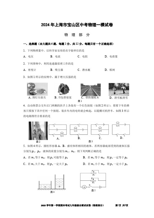 2024年上海市宝山区中考物理一模+试卷