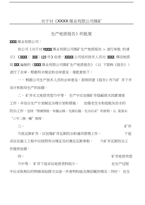 矿地质报告批复意见省公司