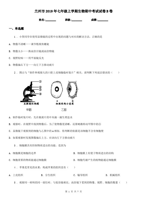 兰州市2019年七年级上学期生物期中考试试卷B卷