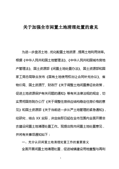 关于加强全市闲置土地清理处置的意见