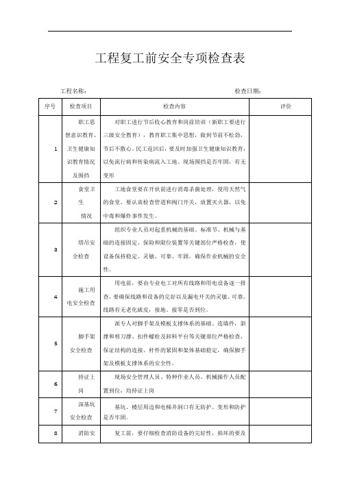 工程复工前安全专项检查表