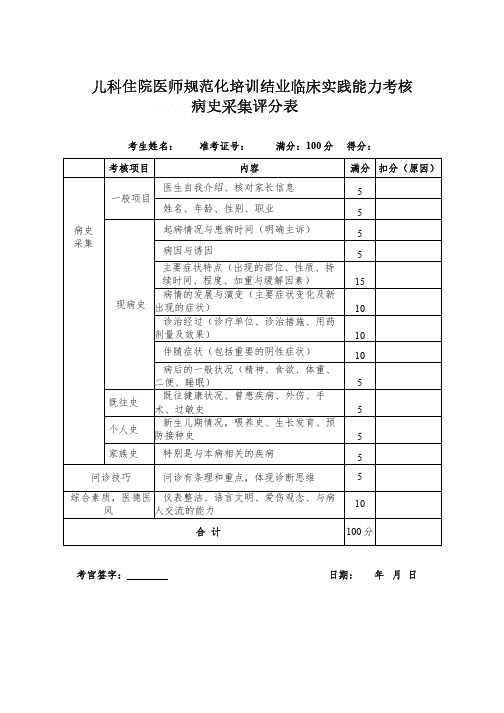 儿科住院医师规范化培训结业临床实践能力考核标准病史采集评分表