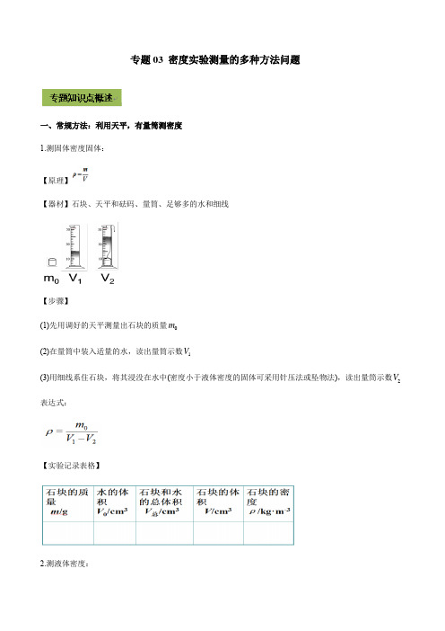 2021年中考物理微专题复习 专题03 密度实验测量的多种方法中考问题（学生版）