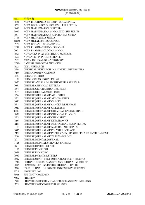 2020年科技核心期刊目录