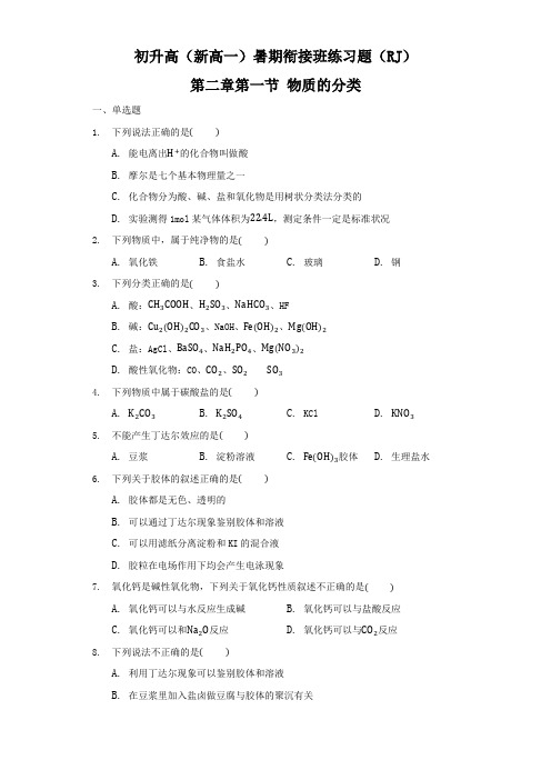 初升高(新高一)暑期衔接班化学练习题(RJ)第二章第一节 物质的分类