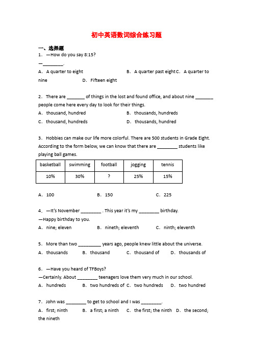 初中英语数词综合练习题