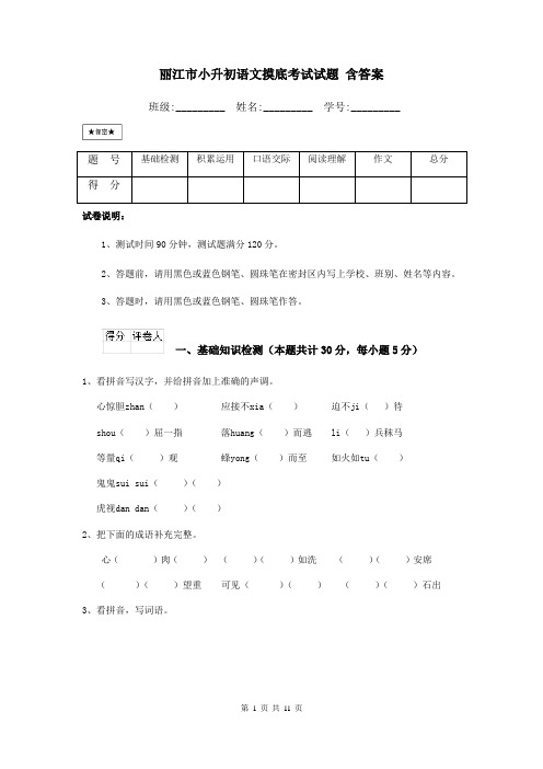 丽江市小升初语文摸底考试试题-含答案