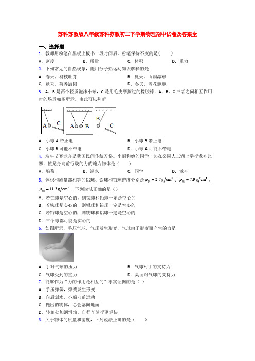 苏科苏教版八年级苏科苏教初二下学期物理期中试卷及答案全