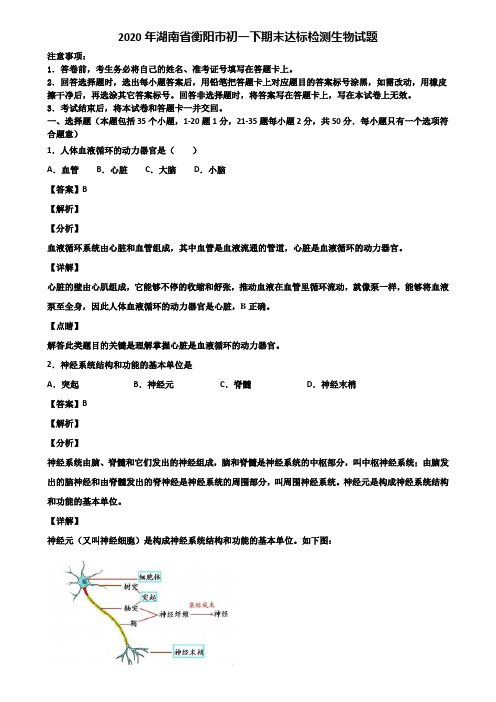 2020年湖南省衡阳市初一下期末达标检测生物试题含解析