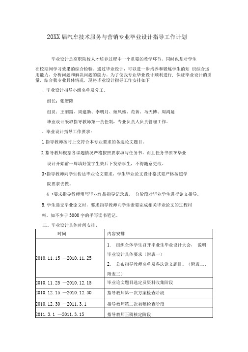 xx届汽车技术服务与营销专业毕业设计指导工作计划