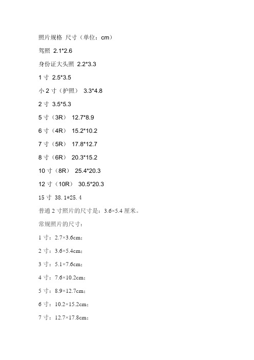 照片尺寸一览表