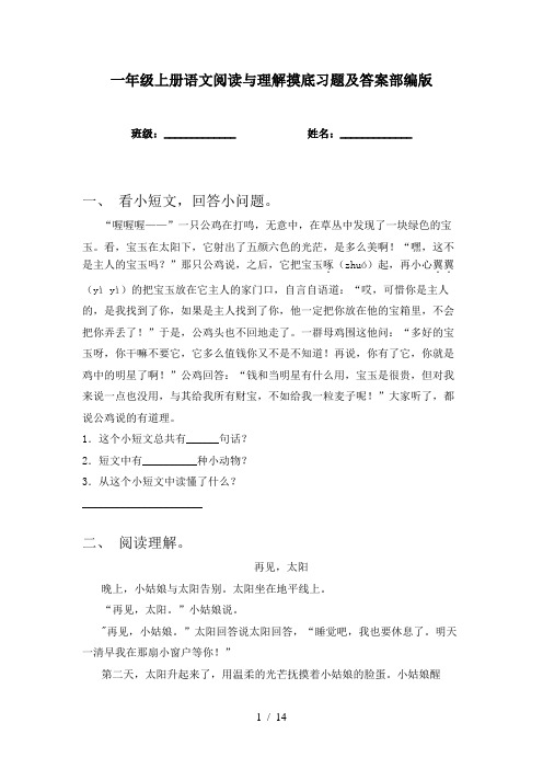 一年级上册语文阅读与理解摸底习题及答案部编版