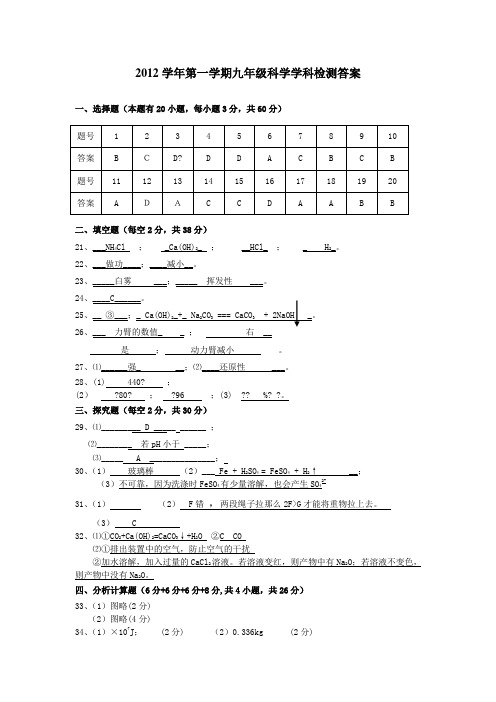 学年第一学期九年级科学学科检测答案卷