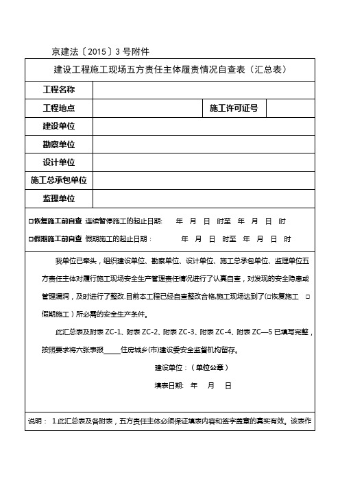 《建设工程施工现场五方责任主体履责情况自查表》