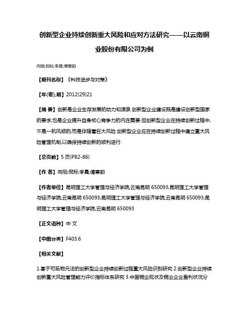 创新型企业持续创新重大风险和应对方法研究——以云南铜业股份有限公司为例