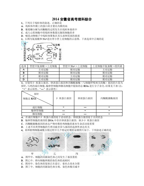 2014安徽高考理综试卷WORD版