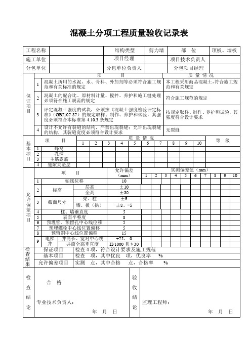 混凝土分项工程质量验收记录