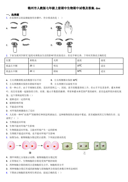 锦州市人教版七年级上册期中生物期中试卷及答案.doc