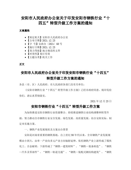 安阳市人民政府办公室关于印发安阳市钢铁行业“十四五”转型升级工作方案的通知