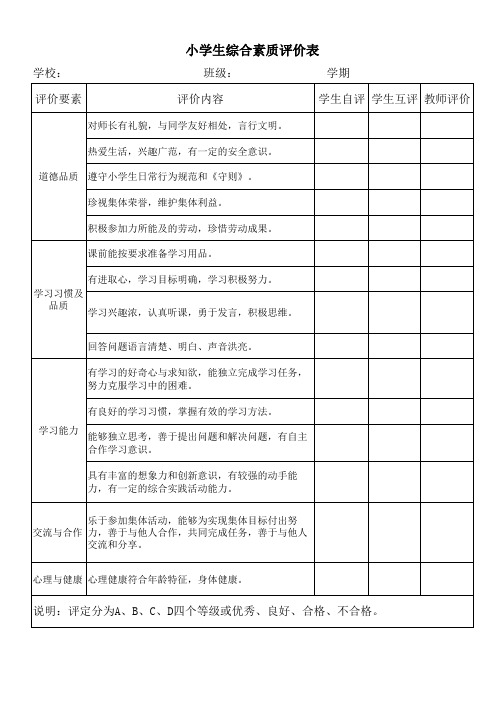 小学生综合素质评价表