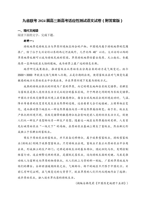 九省联考2024届高三新高考适应性测试语文试卷(附答案版)