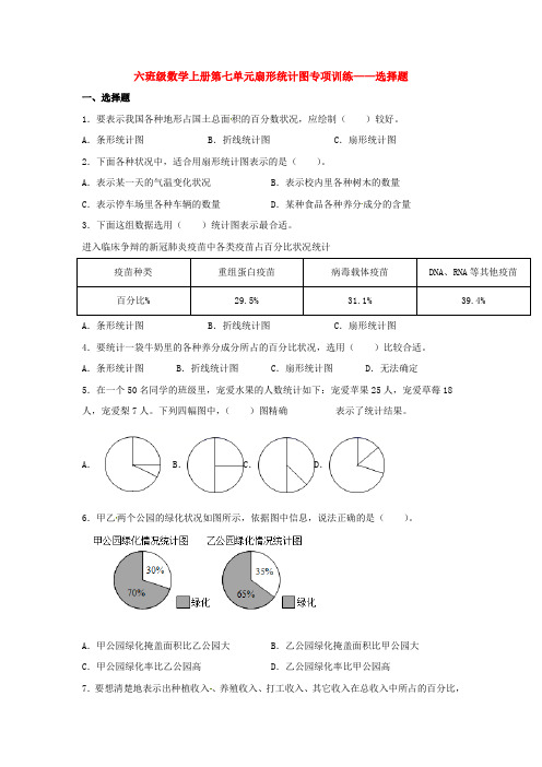 【题型专项特训】六年级数学上册第七单元扇形统计图专项训练——选择题(人教版,含答案)