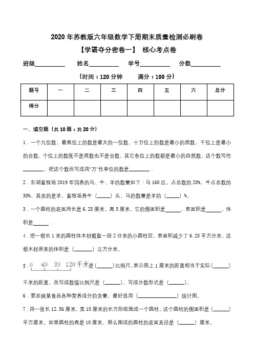 六年级数学下册  【学霸夺分密卷一】期末核心考点卷(Word版 含答案)(苏教版)