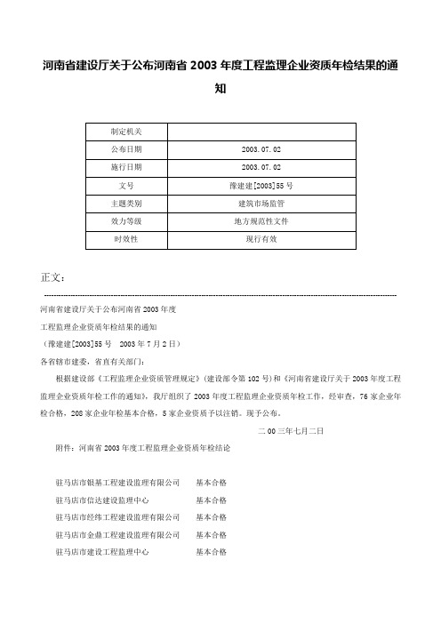 河南省建设厅关于公布河南省2003年度工程监理企业资质年检结果的通知-豫建建[2003]55号