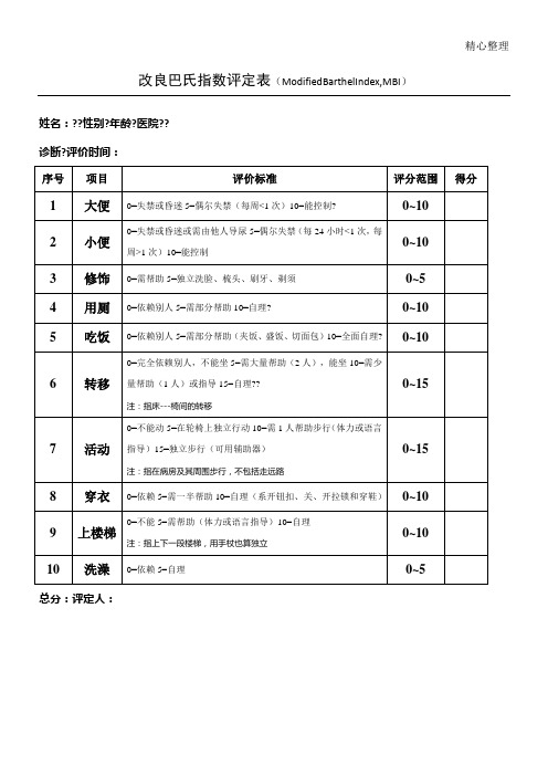 改良巴氏指数评定表格模板