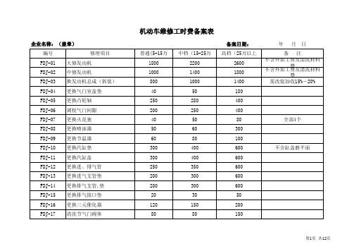 汽车修理厂工时收费标准