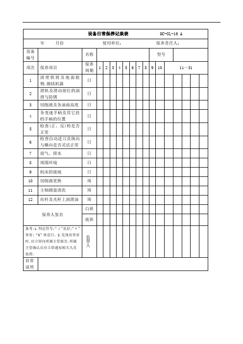 设备日常保养记录表