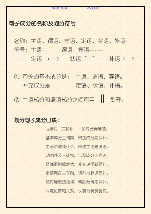 句子成分的名称划分口诀及划分符号