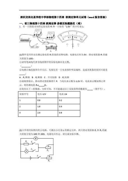 深圳龙岗名星学校中学部物理第十四章 欧姆定律单元试卷(word版含答案)