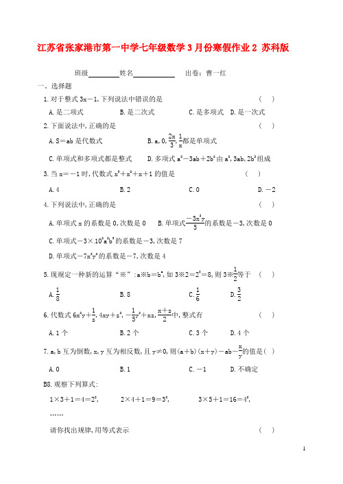 江苏省张家港市第一中学七年级数学3月份寒假作业2(无